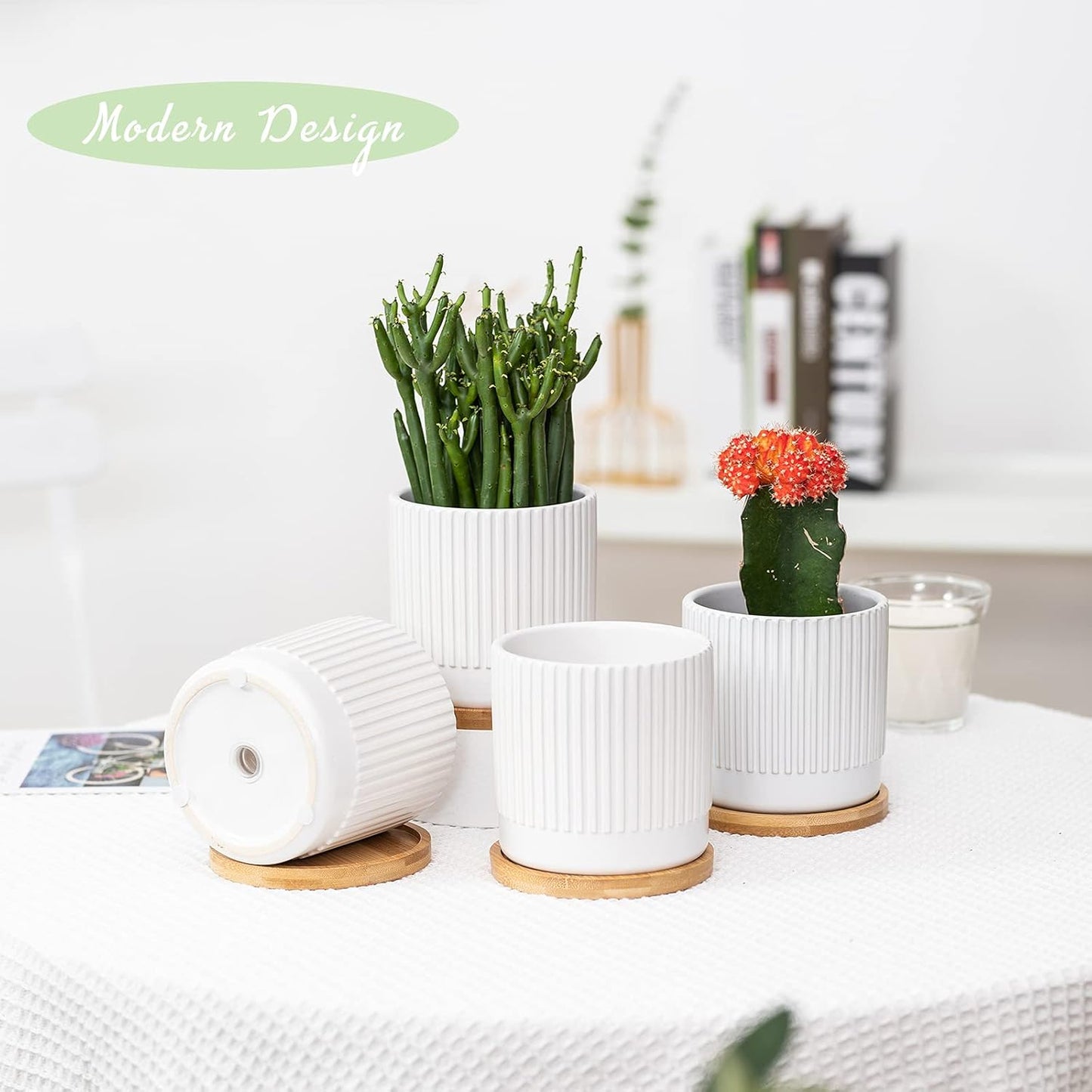 AOMRYOM 4.25 Inch Small Ceramic Plant Pots with Drainage Holes and Trays, Garden Flower Pots for Indoor Outdoor Plants, Succulents, Cactus and Herbs, White Stripe, Set of 4 (Plant Not Included)