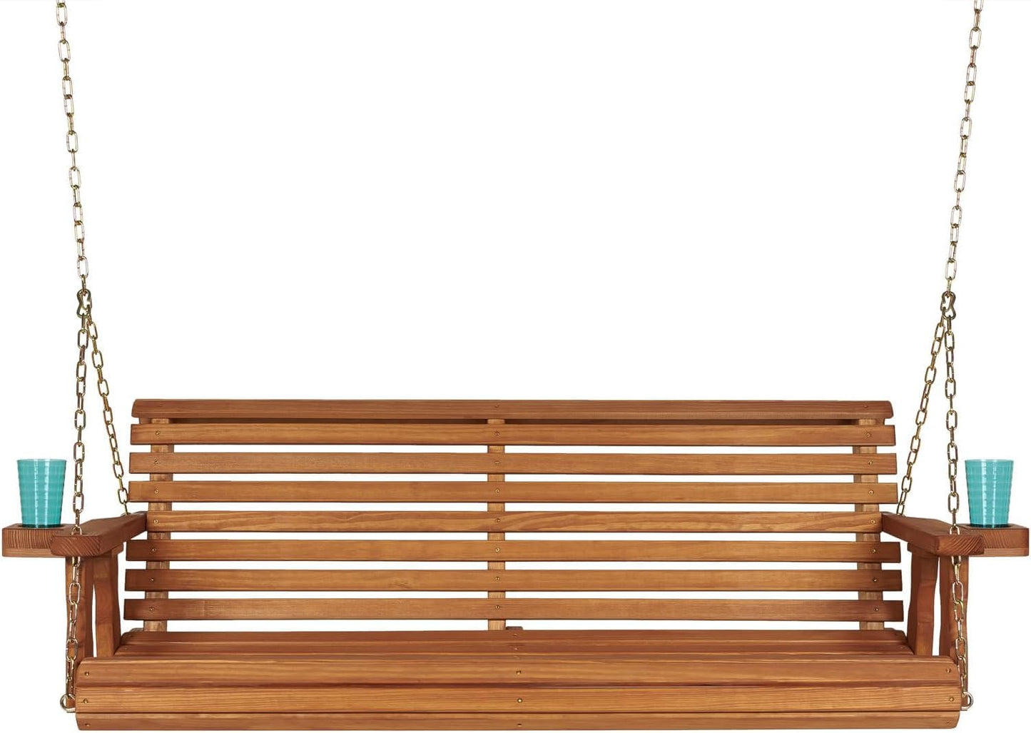 Amish Casual 5 Foot Roll Back Heavy Duty Wooden Porch Swing with Cup Holders in Cedar Stain - Amish Made in The USA from Treated Pine, Outdoor Hanging Bench Swing with 700 Lb. Weight Capacity