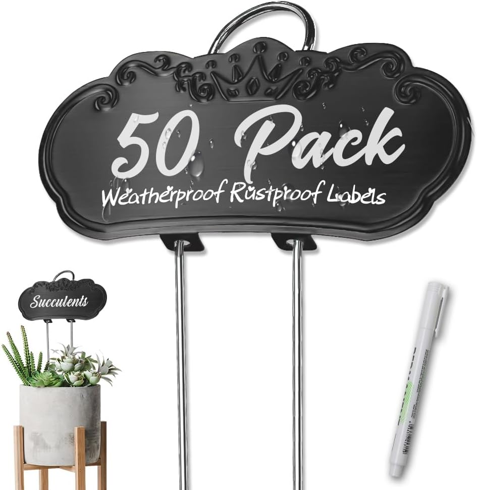 50 Packs Metal Plant Labels, Tall Outdoor Garden Markers for Flowers, Fruits and Vegetables, Weatherproof (Each 25 Pack, 4" x 1.9", Silver and Black)