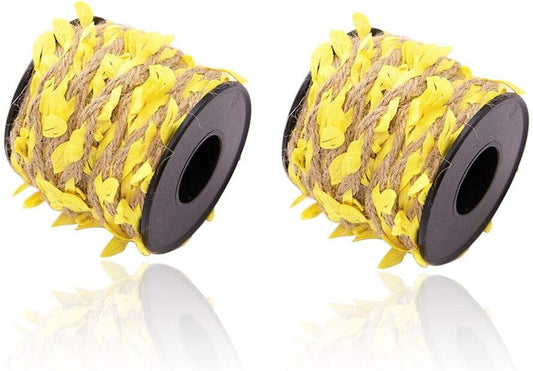 66 Feet Total Burlap Yellow Leaf Ribbon 2 Rolls 5mm Natural Jute Vine with Artificial Leaves Ribbon for Crafts Jungle Party Wedding Garden Home Decoration Twine