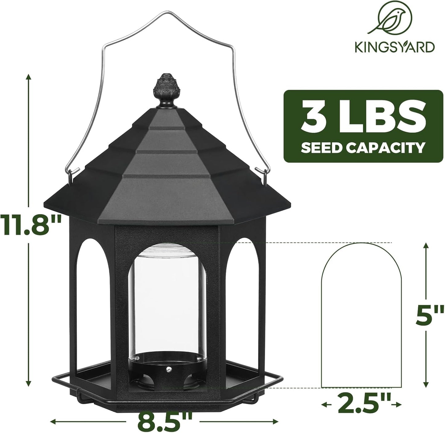 Kingsyard Metal Bird Feeder for Outdoors Hanging, 3 lbs Seed Feeder, Wild Bird Feeders for Garden Cardinal Finch Bluebird, Easy to Fill & Clean, Black