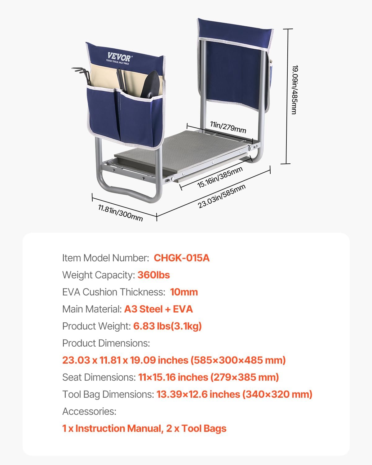 VEVOR Garden Kneeler and Seat Heavy Duty, Portable Garden Stool with 11'' EVA Kneeling Pad and 2 Tool Bags, Folding Garden Bench to Relieve Knee & Back Pain, Great Gifts for Seniors, Family Gardeners
