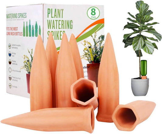 REMIAWY Plant Watering Devices - Terracotta Vacation Self Plant Waterer Spikes Wine Bottle Stakes Slow Release Devices for Indoor Outdoor Plants (8 Pack)
