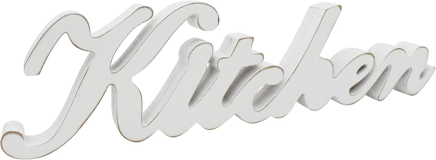 CVHOMEDECO. Rustic Vintage Distressed White Wooden Words Sign Free Standing "Kitchen" Desk/Table/Shelf/Door/Home Wall Decoration Art, 15-1/2 x 4-1/4 x 1 Inch