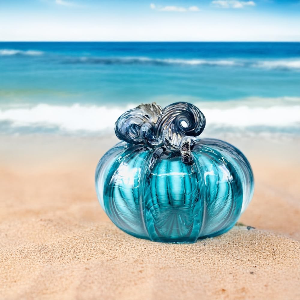 Luke Adams Glass Handmade Glass Pumpkins Handmade Table Top Home Decor (Squat, Lagoon)