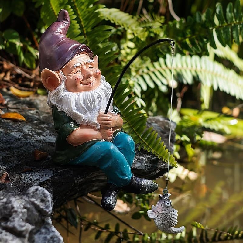 Gnomes Fishing Statue Garden Decor – 9.8" Weatherproof Resin Gnomes Fishing Sculpture Decor for Fish Ponds, Koi Ponds, Waterfalls, Poolside & Outdoor Gardens– Resin Figurine for Indoor & Outdoor Décor