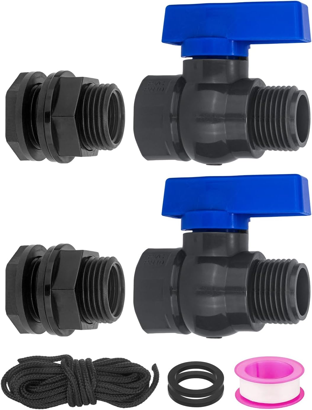 PVC Rain Barrel Spigot Kit 2 Pack 3/4" GHT Garden Diverter Kit With Bulkhead Fitting Garden Hose Faucet Thread Ball Valve for Water Adapter Tanks, Aquariums