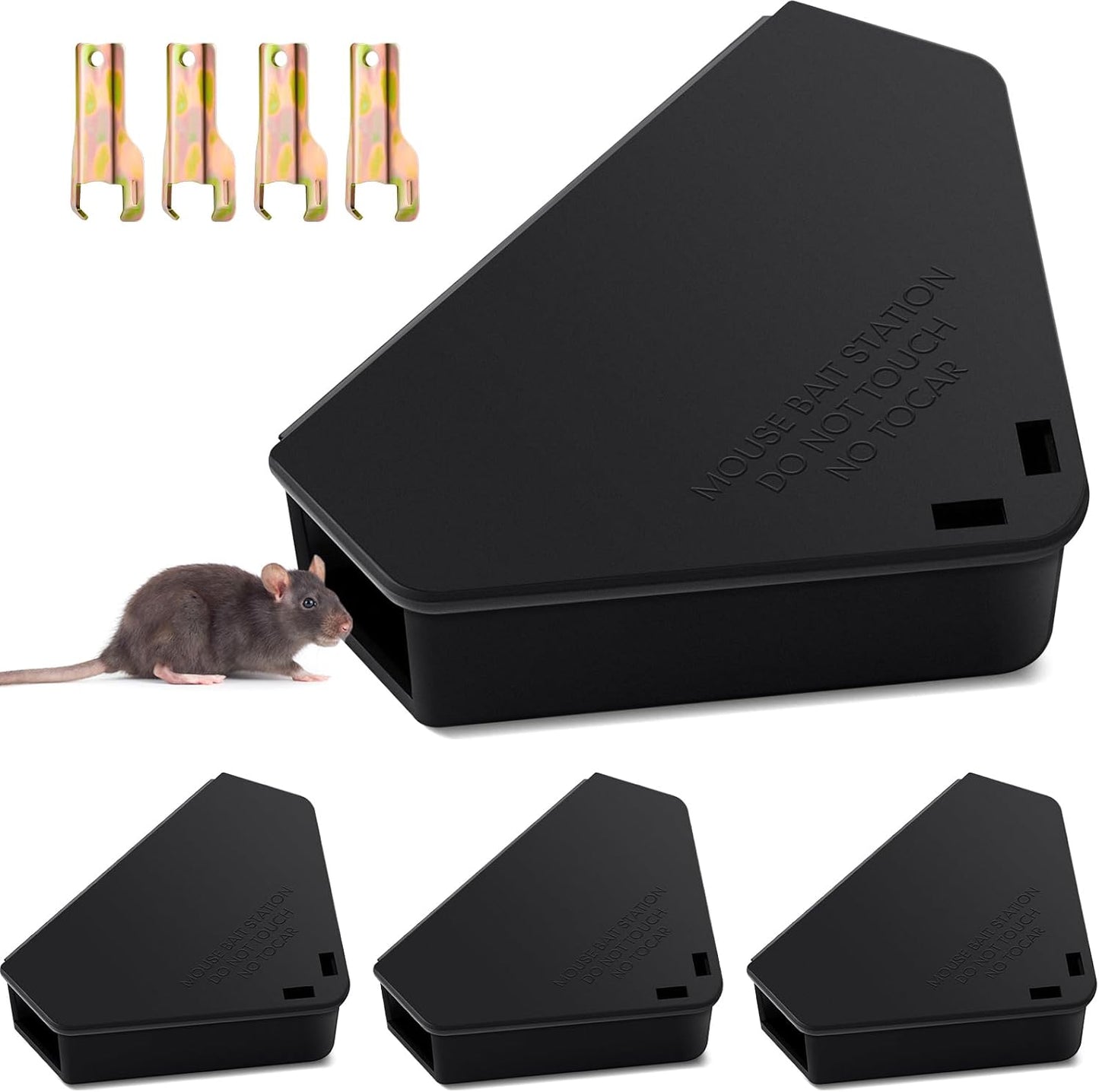 Qualirey 4 Pcs Mice Station with Key Triangle Bait Station Reusable Rodent Trap Bait Box, Keeps Children and Pets Safe Indoor & Outdoor, Bait Not Included, Suitable for Small Mice (Black)