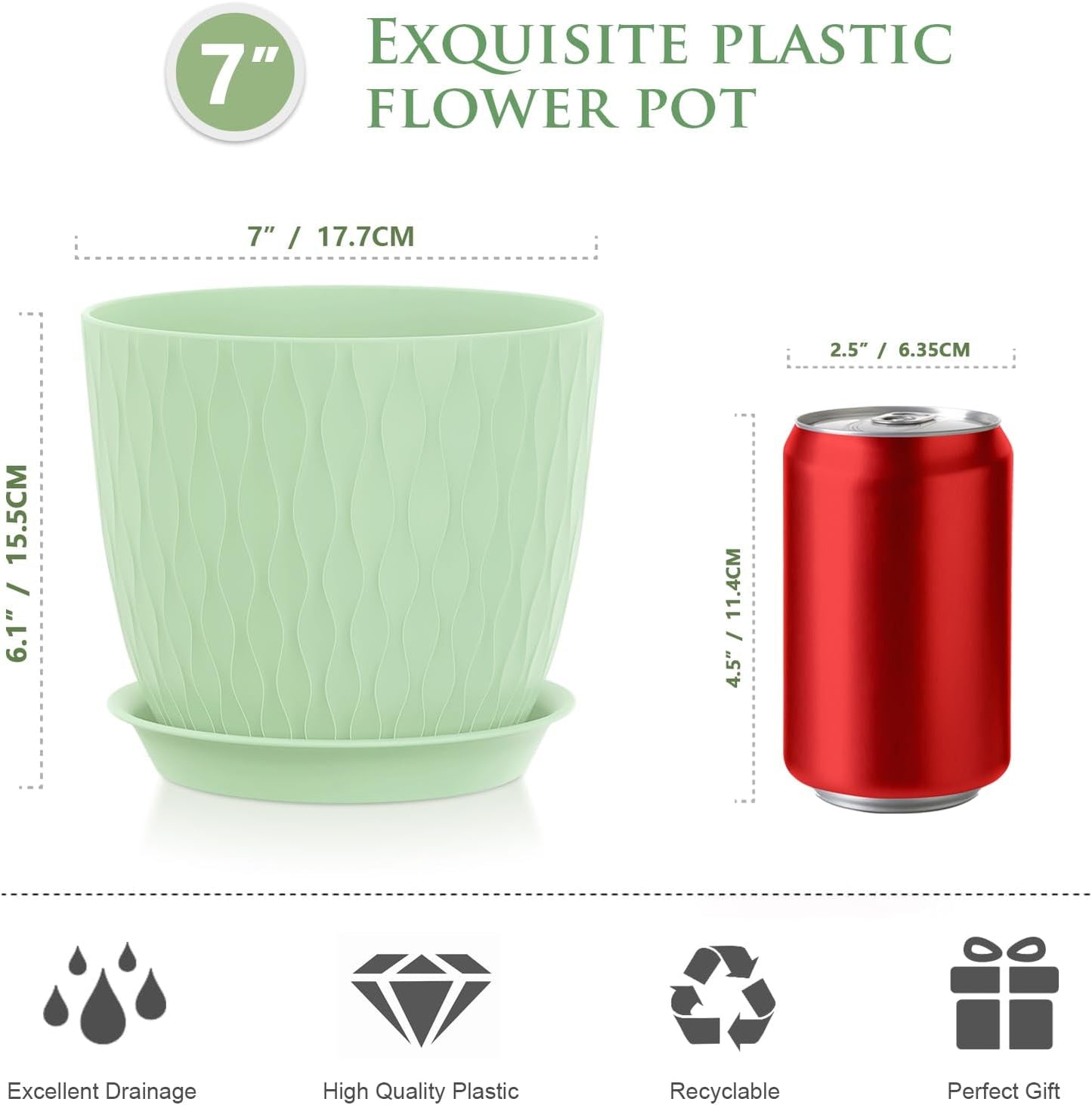 7 inch Flower Pots, 5 Pack Plant Pots with Drainage Holes and Saucers for Indoor Plants, Plastic Planters with Water Ripple for Small Garden House Plants, Nursery Pots for Succulent, Green