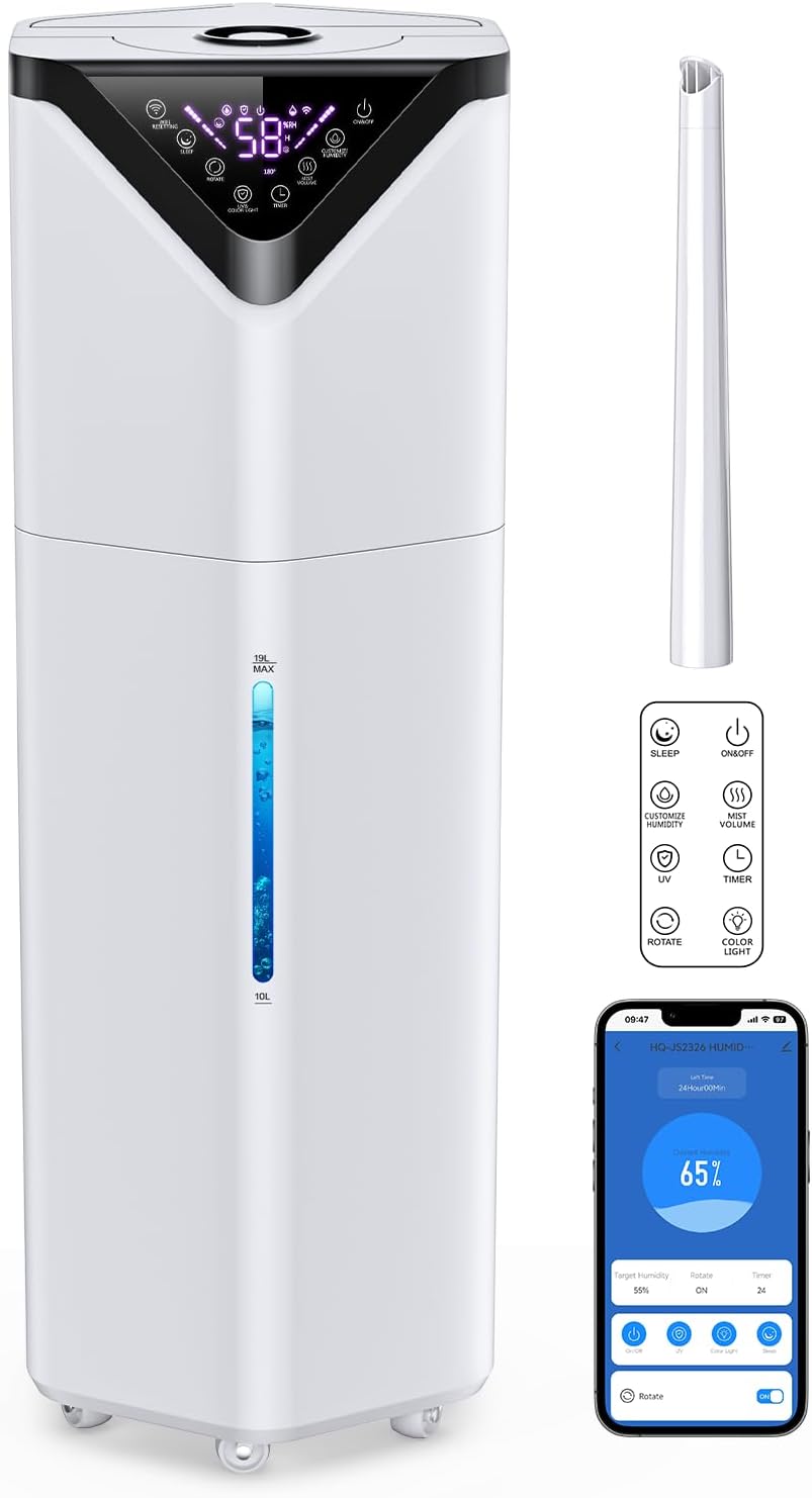 5Gal Smart Humidifier Large Room up to 2800ft², 1000mL/h, APP & Remote Control, 180° Auto Rotating Nozzle, 24H Timer, 60H Supersized Cool Mist Humidifiers for Whole House Home Bedroom Office Plants