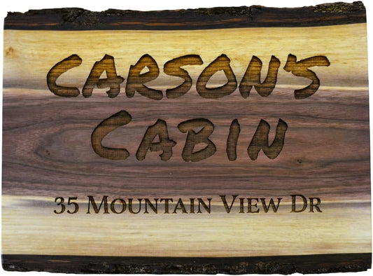 Personalized Cabin Sign Engraved Live Edge Walnut with Bark Custom Wood Family Name Address or Established Date Outdoor Inside Wall Handmade Unique Rustic Décor Gift (Cabin Lakehouse or Any Text Sign)
