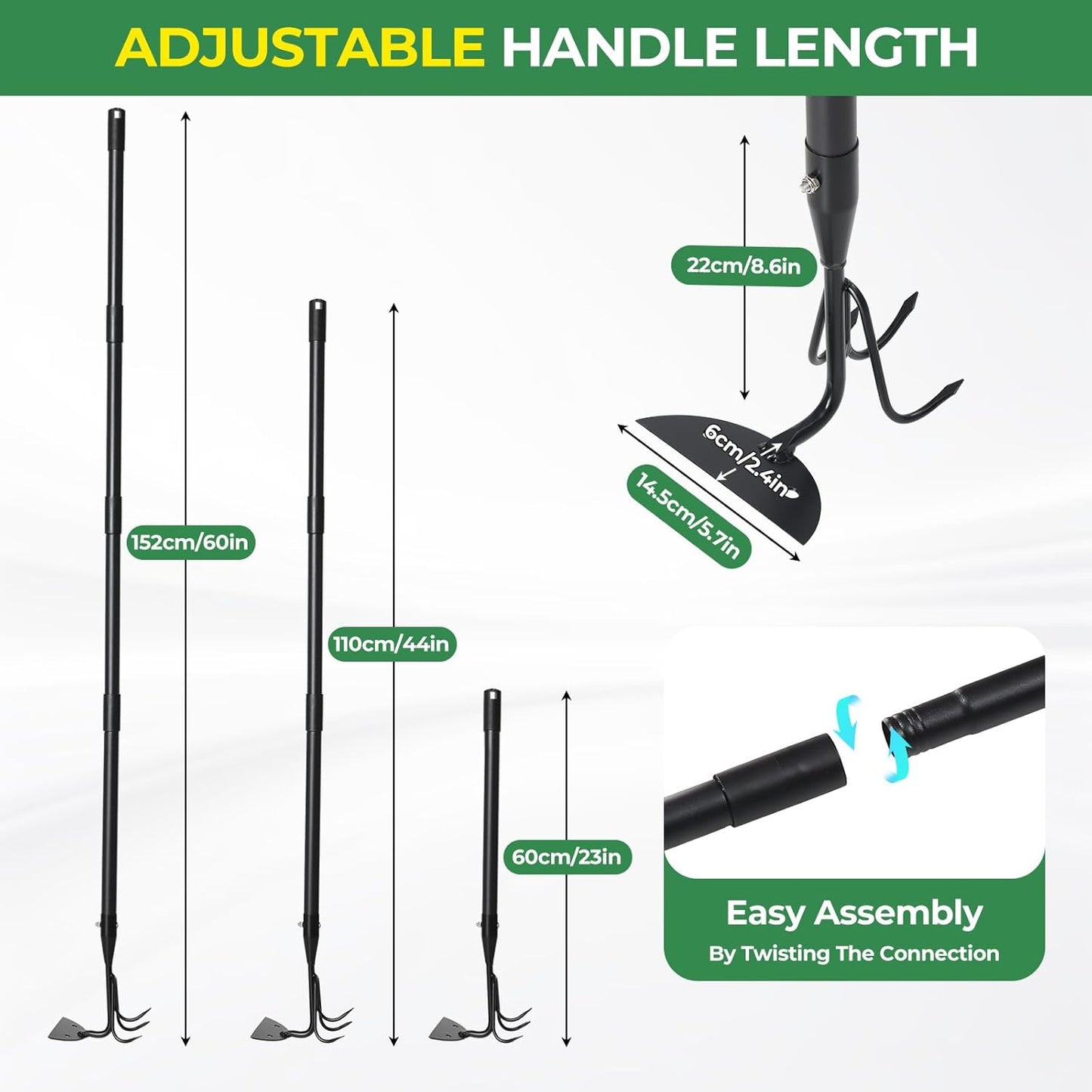 Garden Hoe 44 Inch Long Cultivator with Adjustable Long Handle - Heavy Duty Weeding & Soil Loosening Tool for Gardening, Lawn, and Yard Work