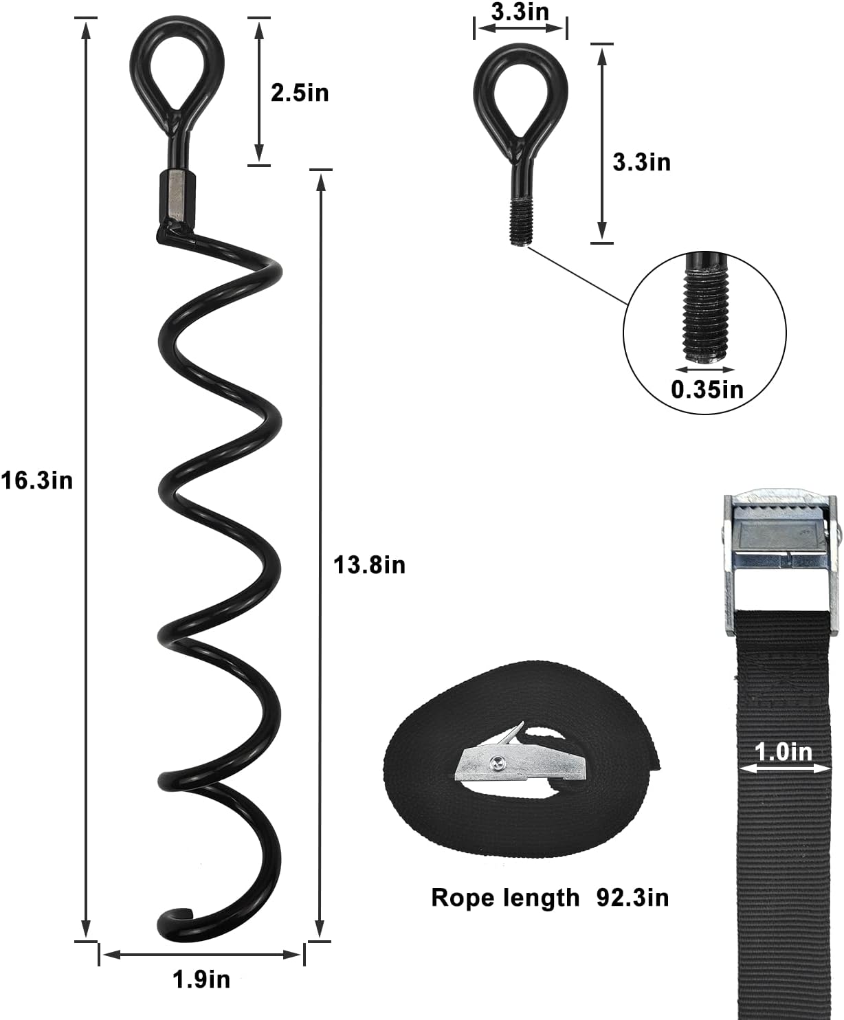 16.3 Inch Spiral Ground Anchor Stake High Durable Earth Anchor Kit for Tents, Trampolines, Garden Fencing, Sheds, Swings, and Dog Tie Out Stake (Black 4 Pack)