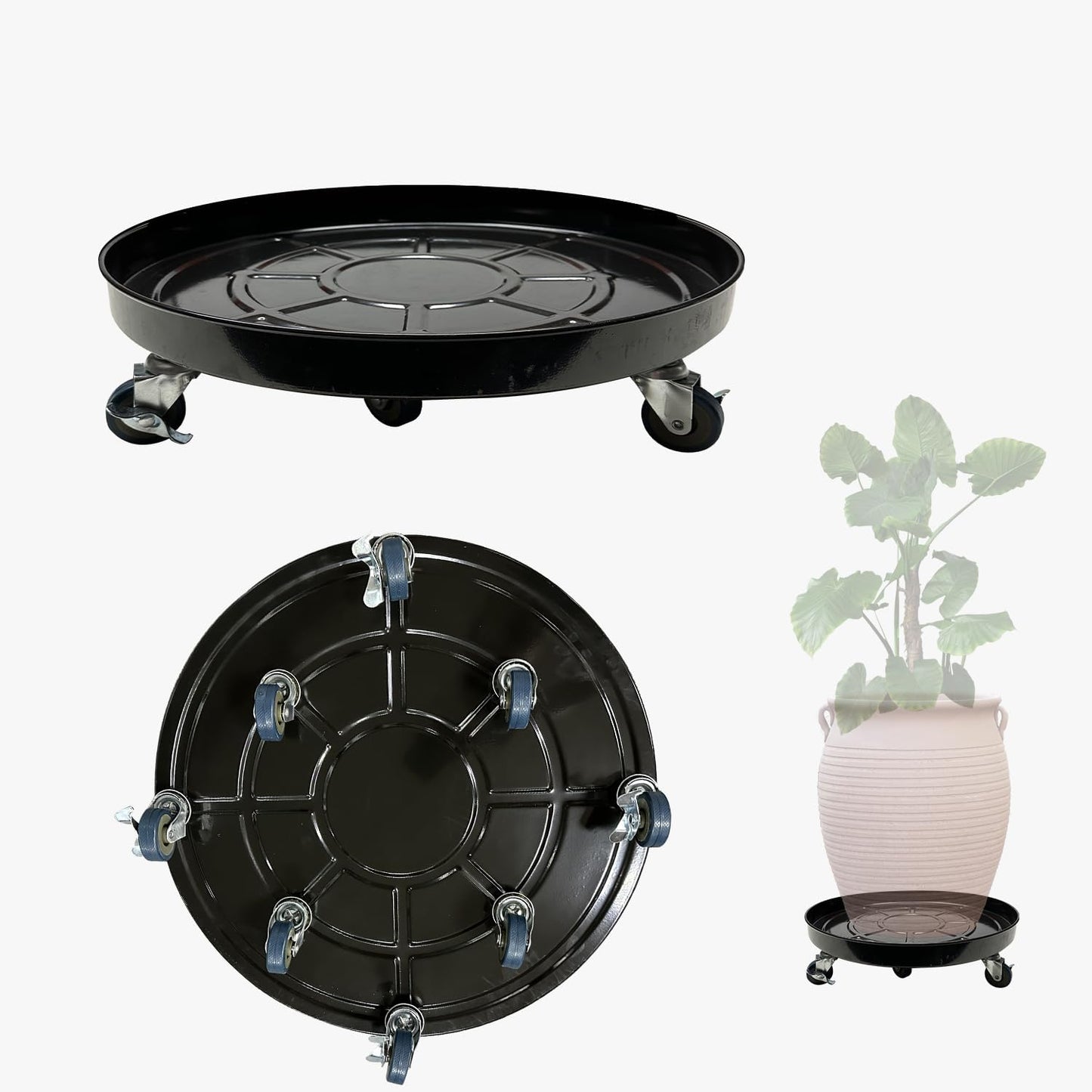 2 Pack Metal Plant Caddy with Wheels 20 Inch Black, Round Rolling Heavy Duty Plant Dolly, Heavy Plant Pot Mover Outdoors or Indoors, The Metal Wheel Can Rotate 360 Degrees or Lockable.
