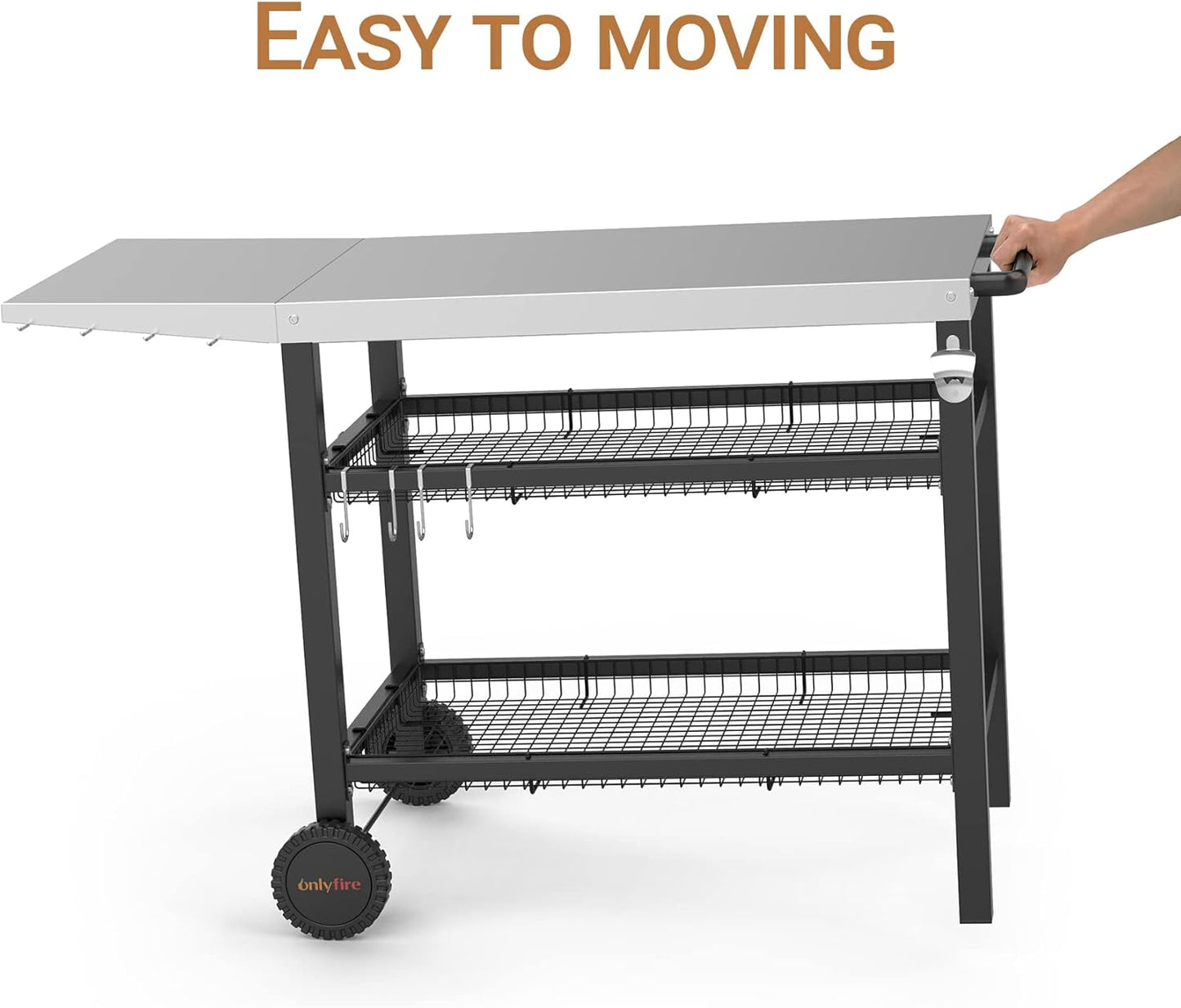 only fire Pizza Oven Table Cart for Ooni, Ninja Woodfire, Blackstone Griddle, Cuisinart Pizza Oven, Outdoor Stainless Steel Food Prep Table Movable Food Prep Cart Grill Stand with Storage Basket