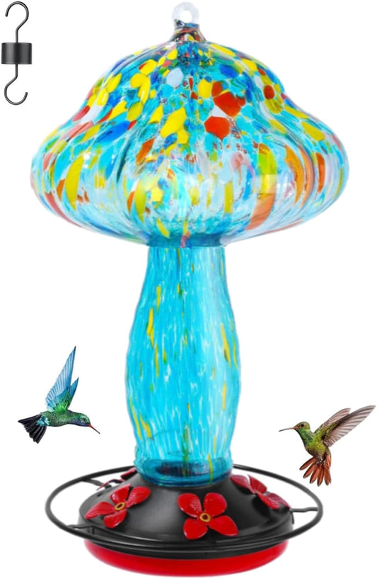 45 Ounce Large Capacity Hummingbird Feeders for Outdoors Hanging Ant and Bee Proof, Unique Hand Blown Glass Hummingbird Nectar Feeder, Gifts for Garden Decor Backyard, Blue Meteor Shower