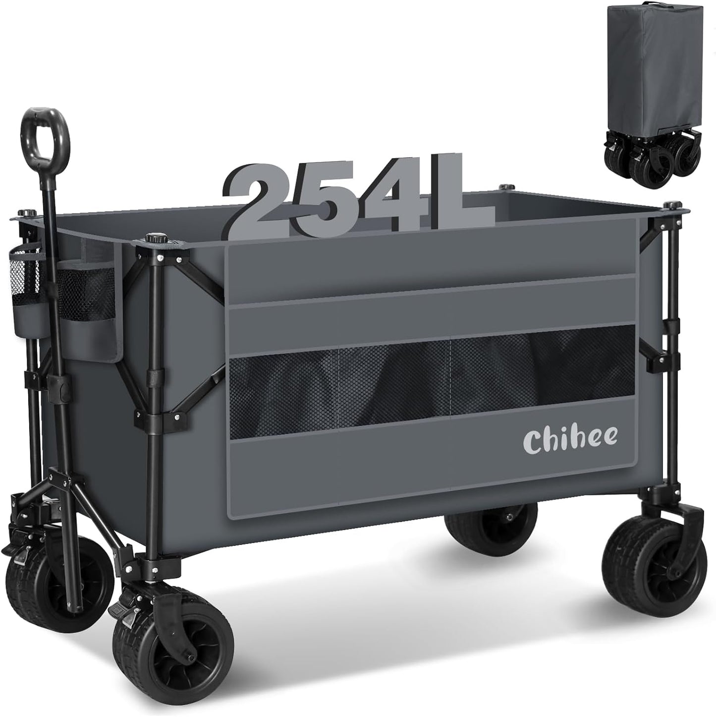 Chihee Garden Cart Collapsible Outdoor Utility Wagon Cart,Folding Beach Cart Oversized Capacity 254L,Heavy Duty Portable Wagon All Terrain Wheels Oversized Side Pocket 2 Drink Holders for Camping