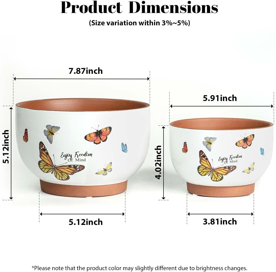 YBX 8 Inch + 6 Inch White&Terracotta Flower Pots, Succulent Ceramic Plant Pots with Drainage Holes, Terracotta Planters for Indoor Plants, with Butterfly Accents