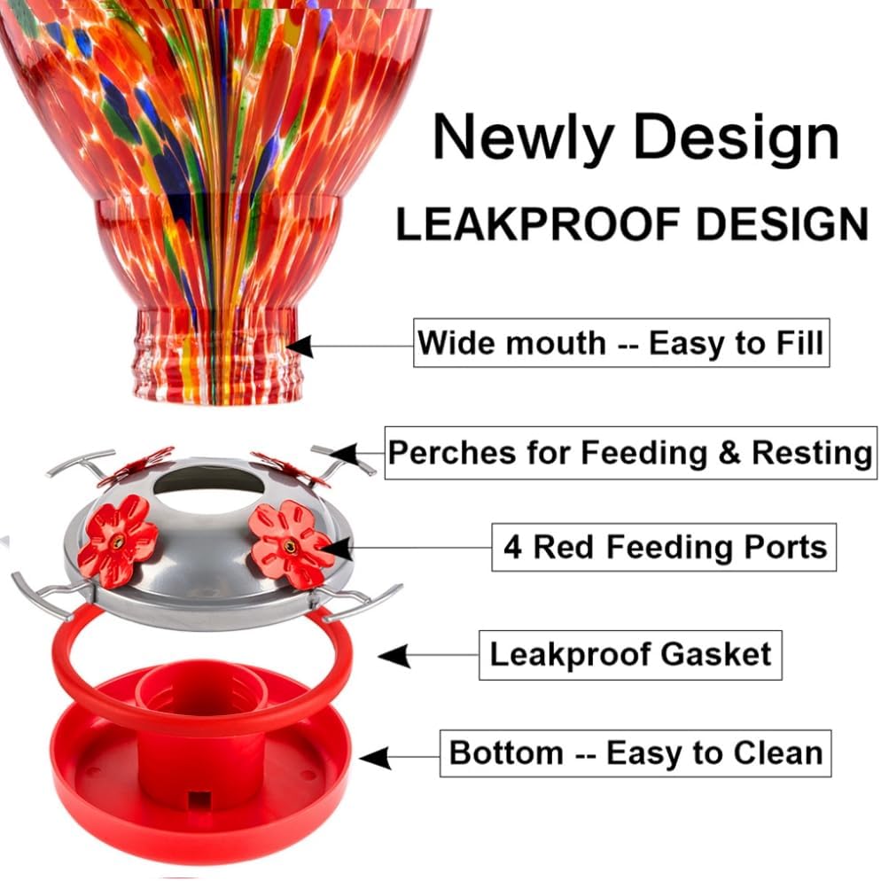 WOSIBO Hummingbird Feeder for Outdoors Patio Large 32 Ounces Colorful Hand Blown Glass Hummingbird Feeder with Ant Moat Hanging Hook, Rope, Brush and Service Card (RED-Firework)
