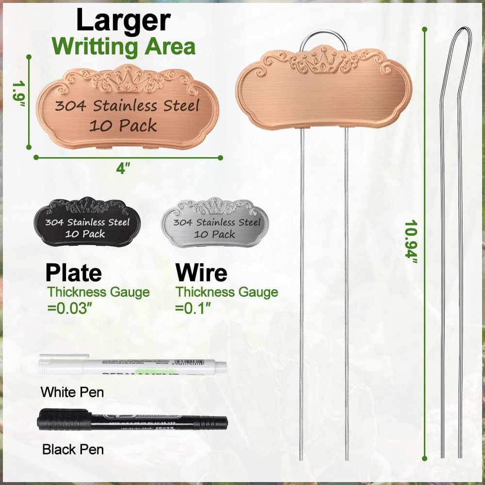 30 PacksTCYPUHL Metal Plant Labels, Tall Outdoor Garden Markers for Flowers, Fruits and Vegetables, 304 Stainless Steel Weatherproof Signs (4" x 1.9", Silver, Black and Gold)