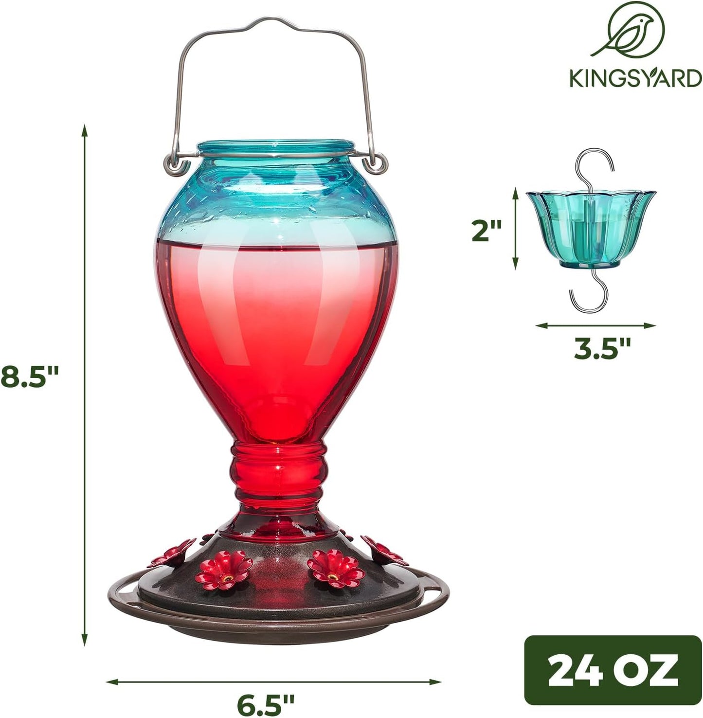 Kingsyard Glass Hummingbird Feeder - 6 Bee Guard Feeding Ports & Ant Moat, 24 oz Leak Proof, Wild Bird Feeder for Outdoors Hanging, Easy to Clean & Refill, Garden Yard Décor, Red & Blue