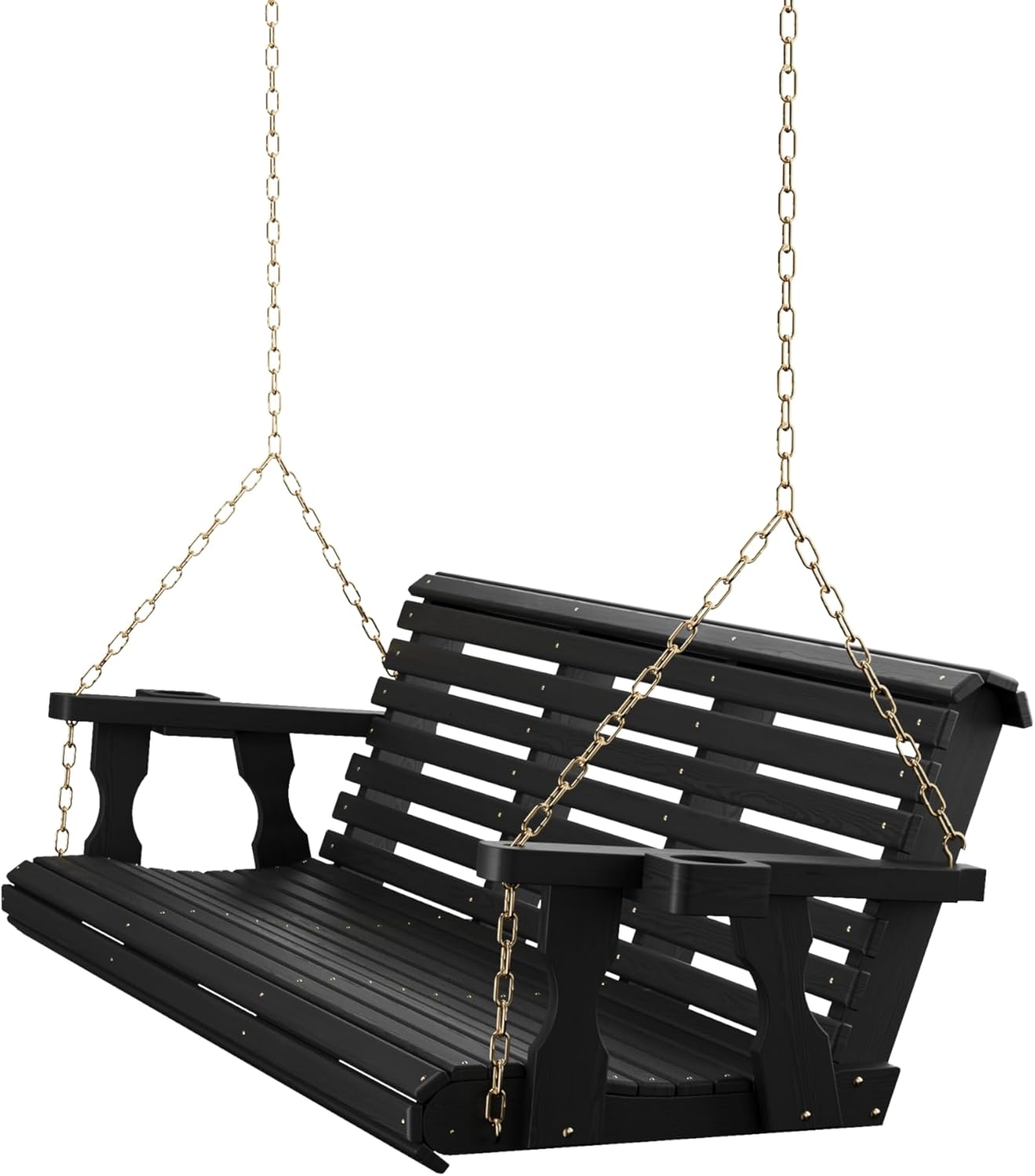 Amish Casual 6 Foot Roll Back Porch Swing with Cup Holders in Semi-Solid Black Stain - Amish Made in The USA from Treated Pine Heavy Duty 700 Lb. Weight Capacity