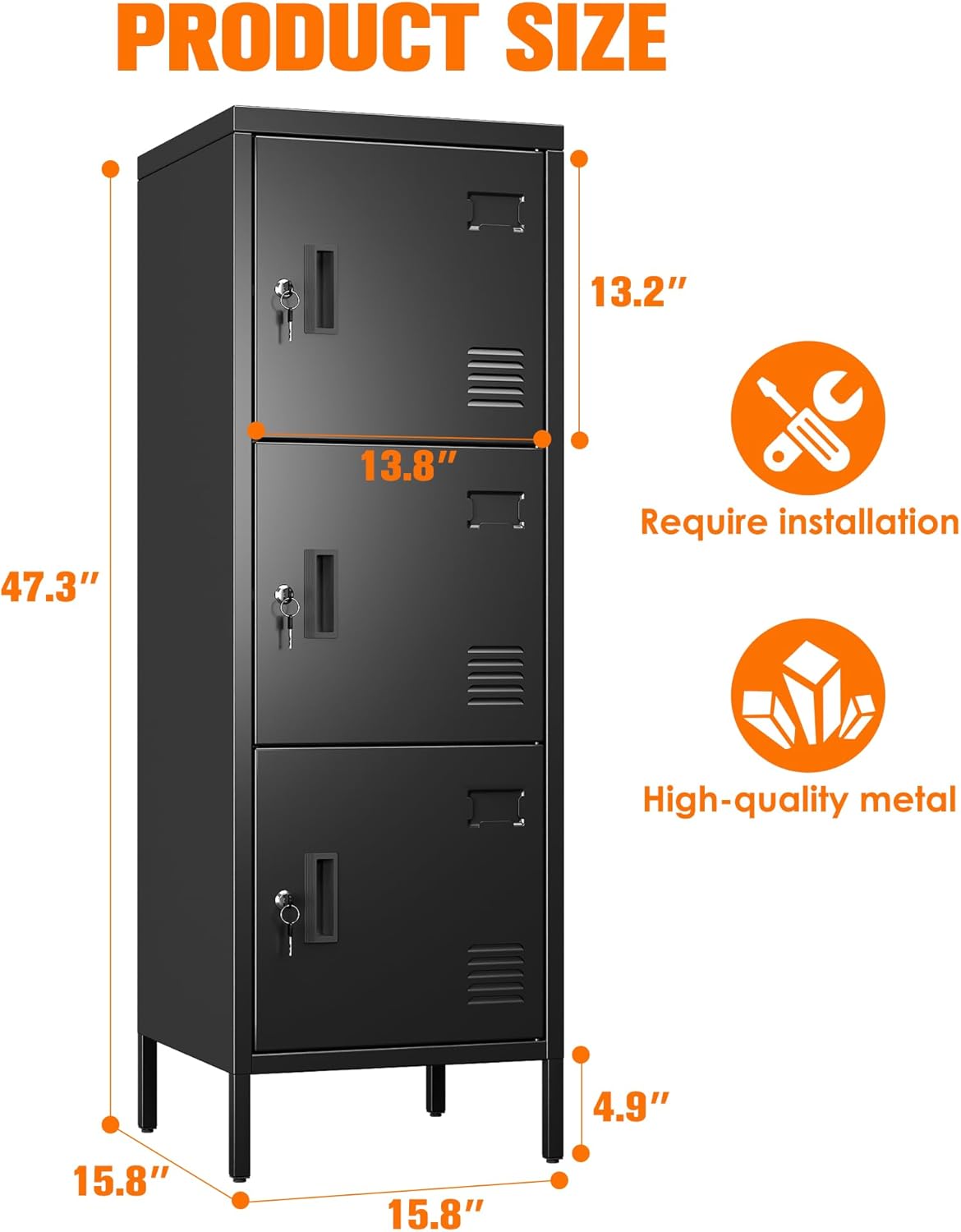 47.3" H*15.8" W*15.8" D Metal Storage Locker for Employees,3 Doors Employee Lockers with Adjustable Feet,Steel Home Office Storage Cabinet for School Gym Home Office, Assembly Required,Black