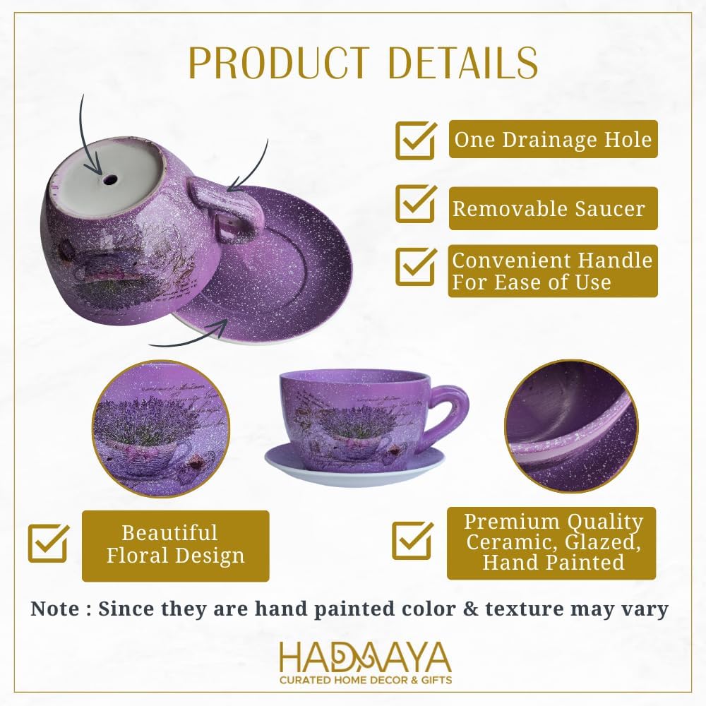 7.5” Round Ceramic Teacup Planter with Saucer – Purple Lavender Basket Design Pot for Succulents, Orchid, Herbs & Indoor/Outdoor Flowers for Birthday & Any Other Occasion