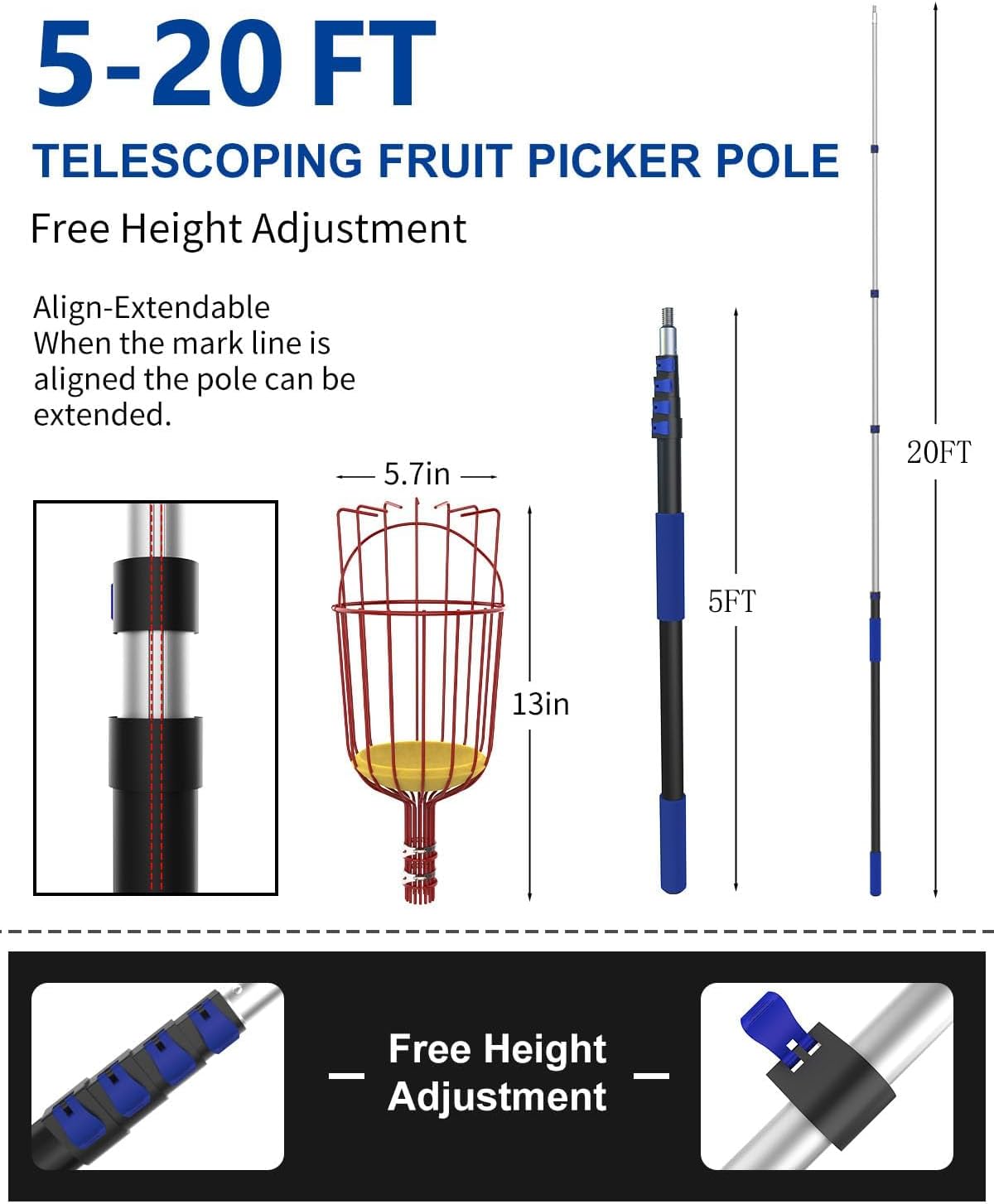 26FT Reach Fruit Picker, 5-20 Foot Sturdy Aluminum Telescoping Fruit Picker Extension Pole with Metal Twist-on Basket, Suit for Apple Pear Lemon Mango Guava Orange Avocados Tree Fruit Picking