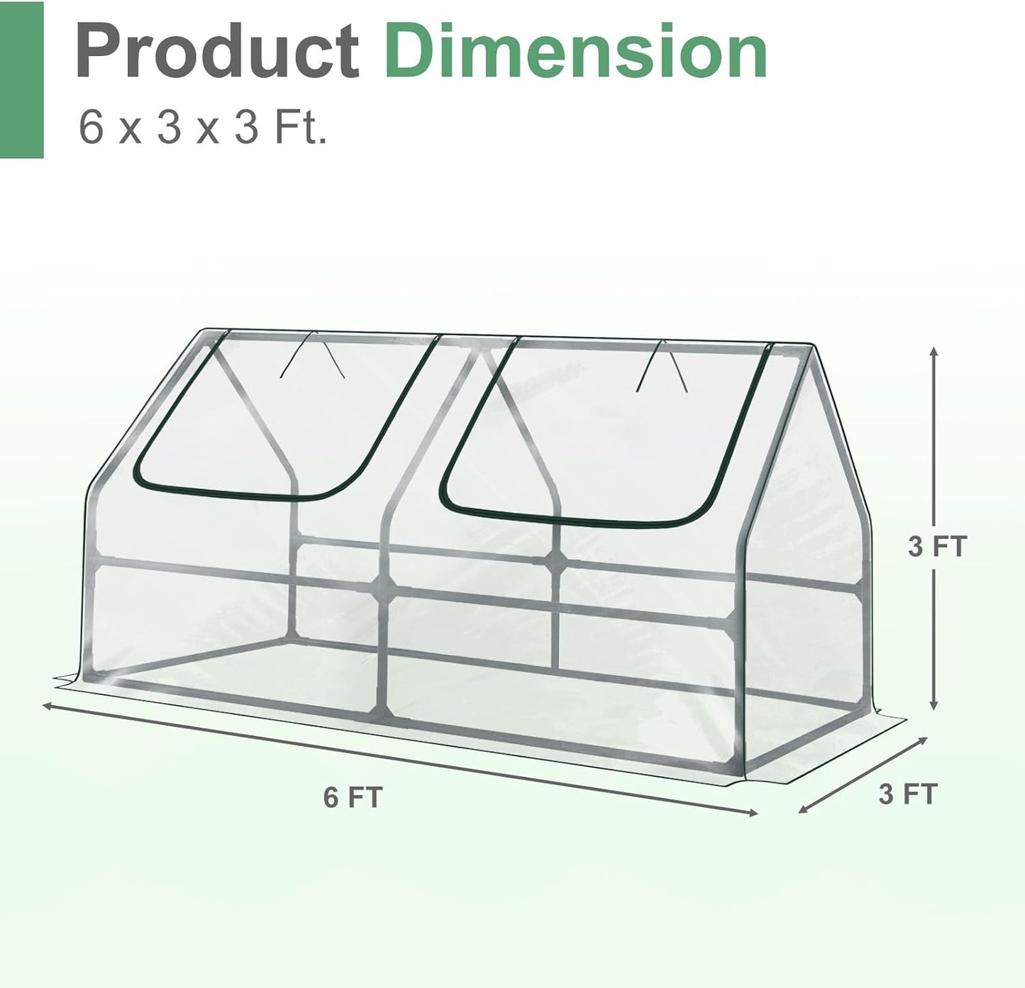 Aoodor 6 x 3 x 3 ft Mini Greenhouse with 2 Zipper Doors, Water-Resistant, UV-Protected for Flowers, Vegetables, and Herbs, Transparent