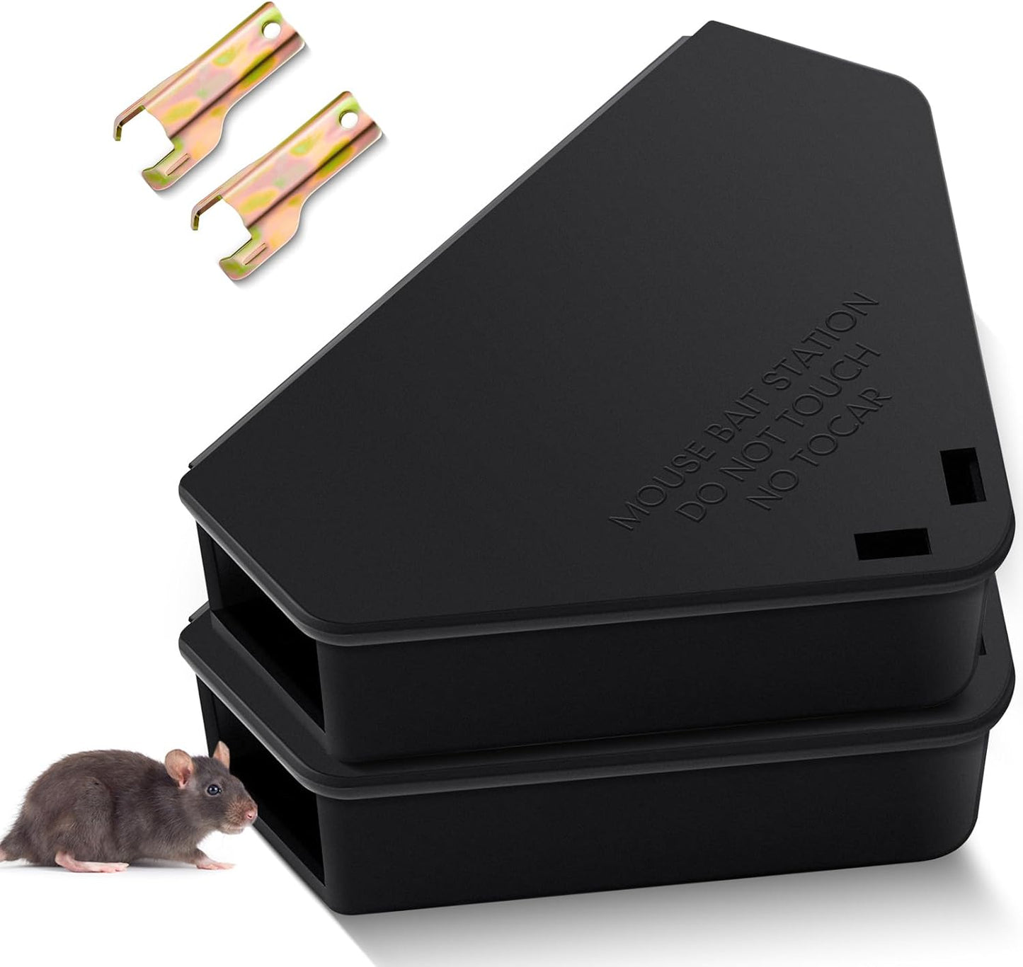 Qualirey 2 Pcs Mice Station with Key Triangle Bait Station Reusable Rodent Trap Bait Box, Keeps Children and Pets Safe Indoor & Outdoor, Bait Not Included, Suitable for Small Mice (Black)