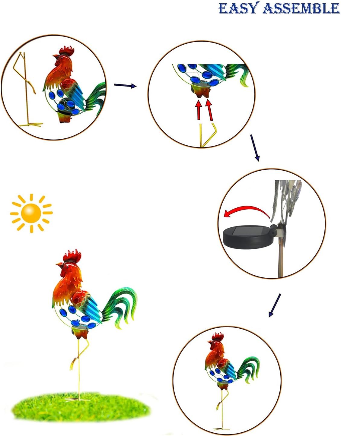 GDF 20" Chicken Decor - Outdoor Rooster Decor Solar Lights -Metal Rooster Garden Decorations for Yard Pathway Lawn Patio Courtyard, Gifts for Her/Him (Updated)