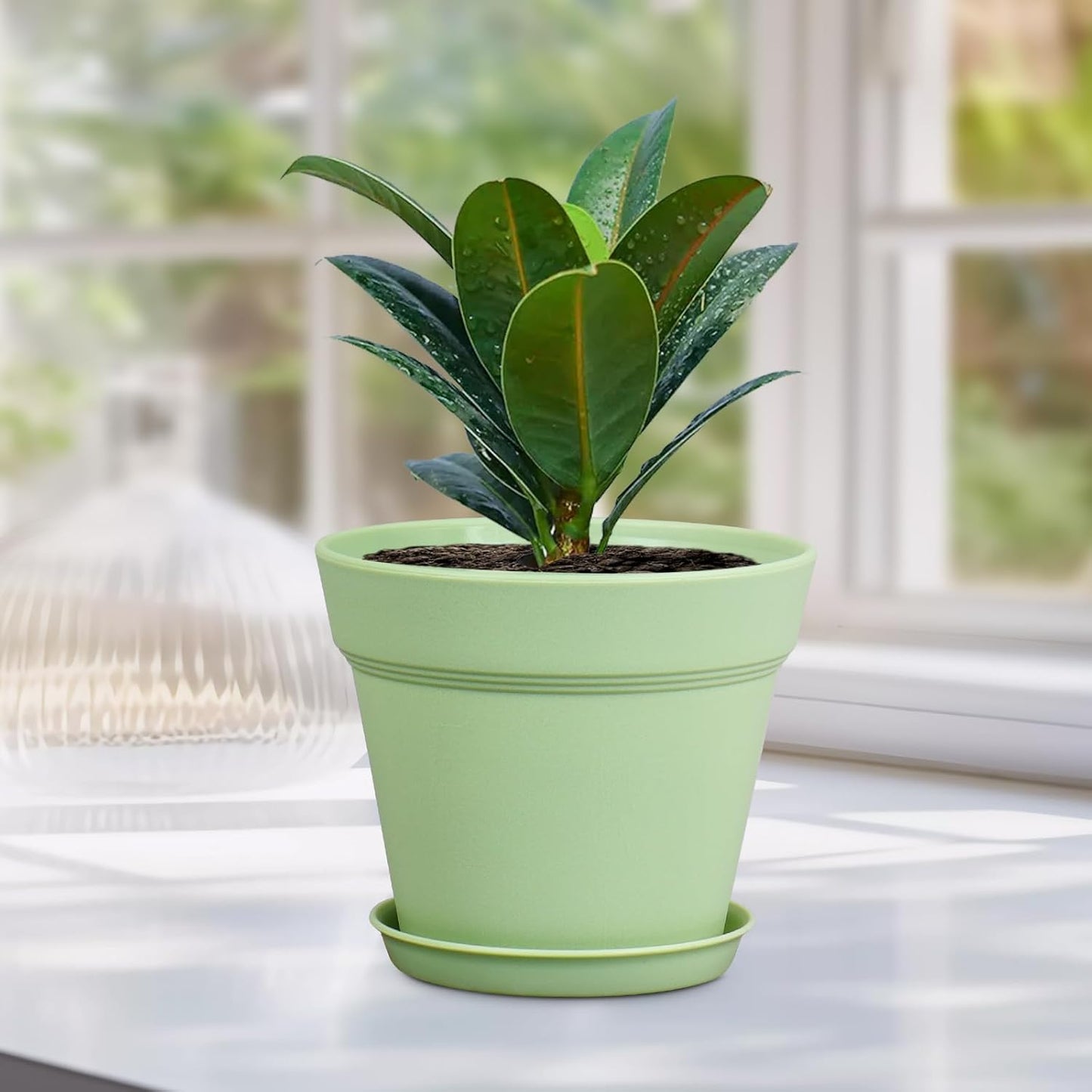 4 inch Small Plastic Nursery Pots, 16 Pack Plant Pots for Indoor Outdoor Plants, Flower Pots with Drainage Holes and Saucers, Decorative Seedling Starter Planters for House Plants, Green