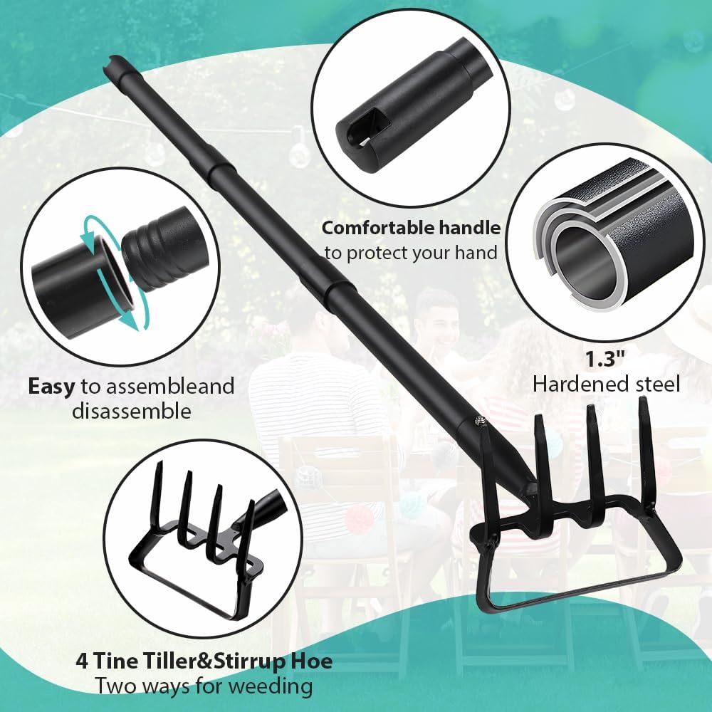 Upgraded Hula Hoe and Garden Hoe, Stirrup Hoe with Adjustable Handle for Weeding Digger loosening Soil Metal Garden Cultivator Hula Hoe with Rake Tiller Cultivator (30-62 Inch)