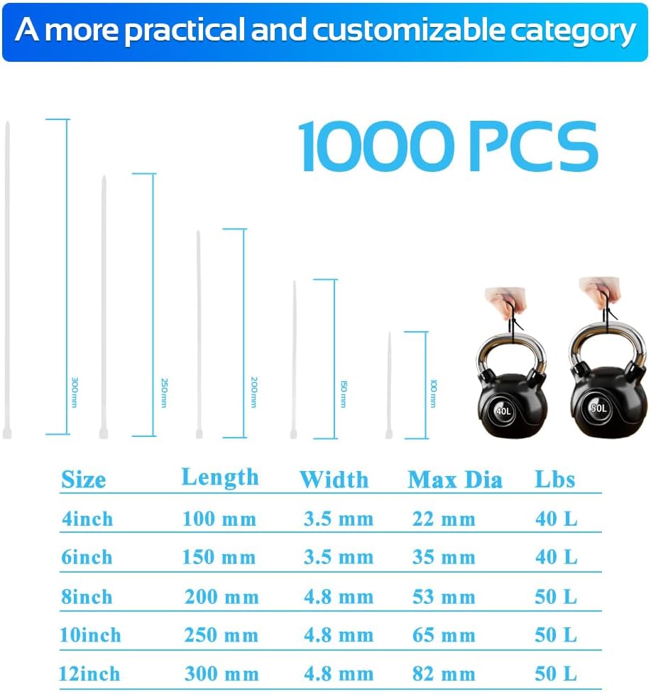 1000pcs 10Inch Nylon Zip Ties, 50 Pounds Tensile Strength, Industrial Grade, White Cable Tie, UV Resistant,Heavy Duty,for Home,Garden Trellis,Office,Garage and Workshop