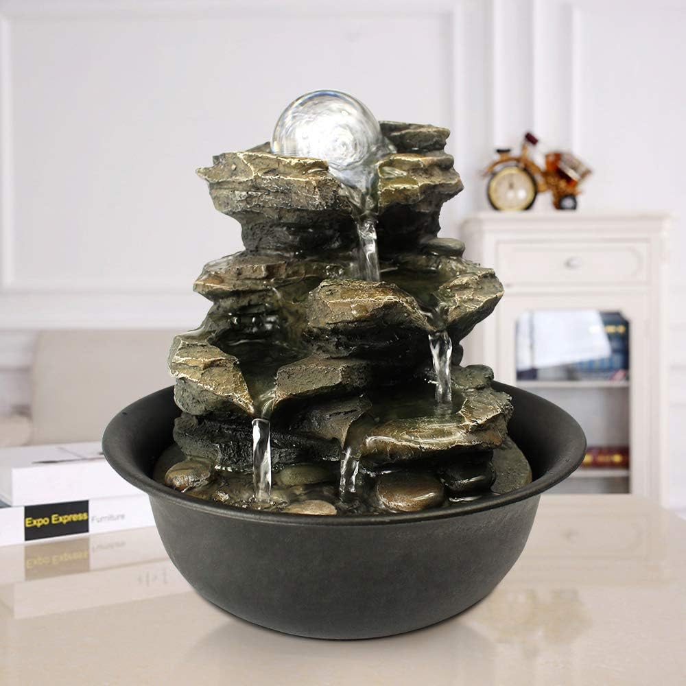 8.3" High 4-Tier Cascading Rock Falls Tabletop Water Fountain with LED Light & Spinning Ball - Indoor Small Waterfall Feature for Office, Home and Bedroom Desktop Decor Dark Grey