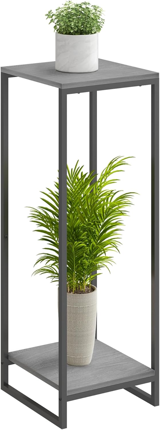 34" Tall Plant Stand Indoor, 2-Tier Modern Plant Shelf, Corner Flower Pot Holder Organizer for Living Room Balcony Patio Garden (Oak Grey)