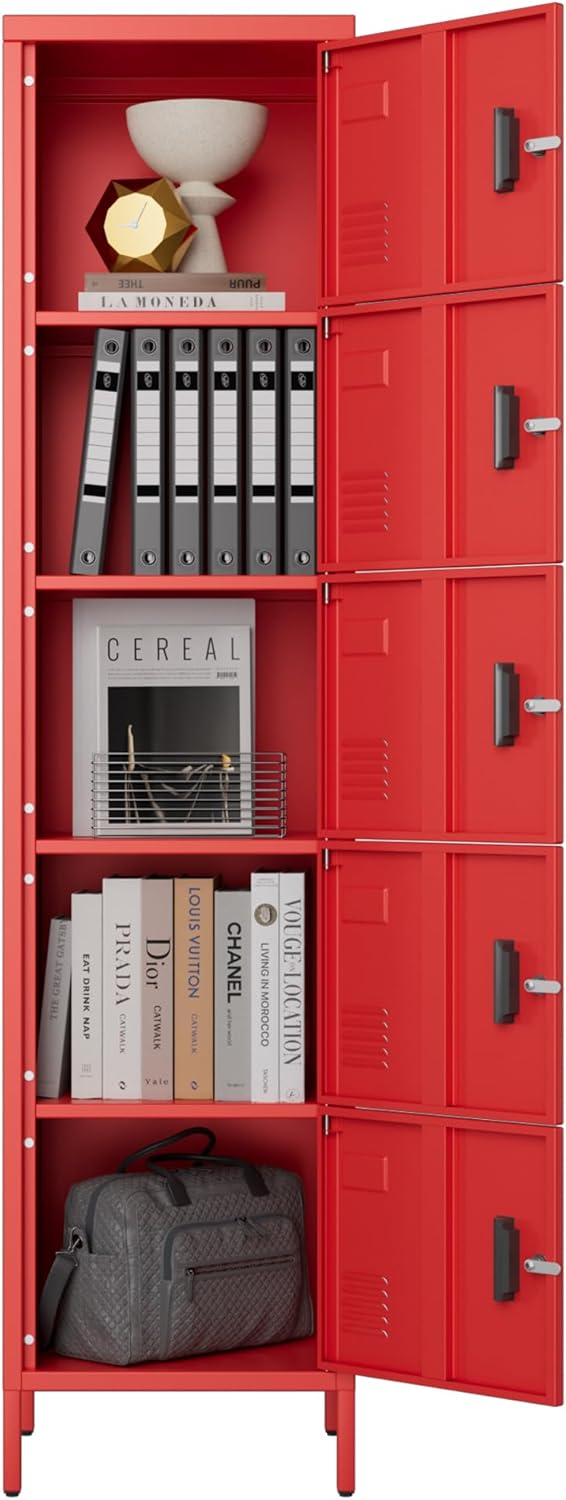 5 Doors Metal Storage Locker for Employees,Steel Home Office Storage Cabinet,66" H Employee Lockers with Adjustable Feet for School Gym Home Office, Assembly Required,Red