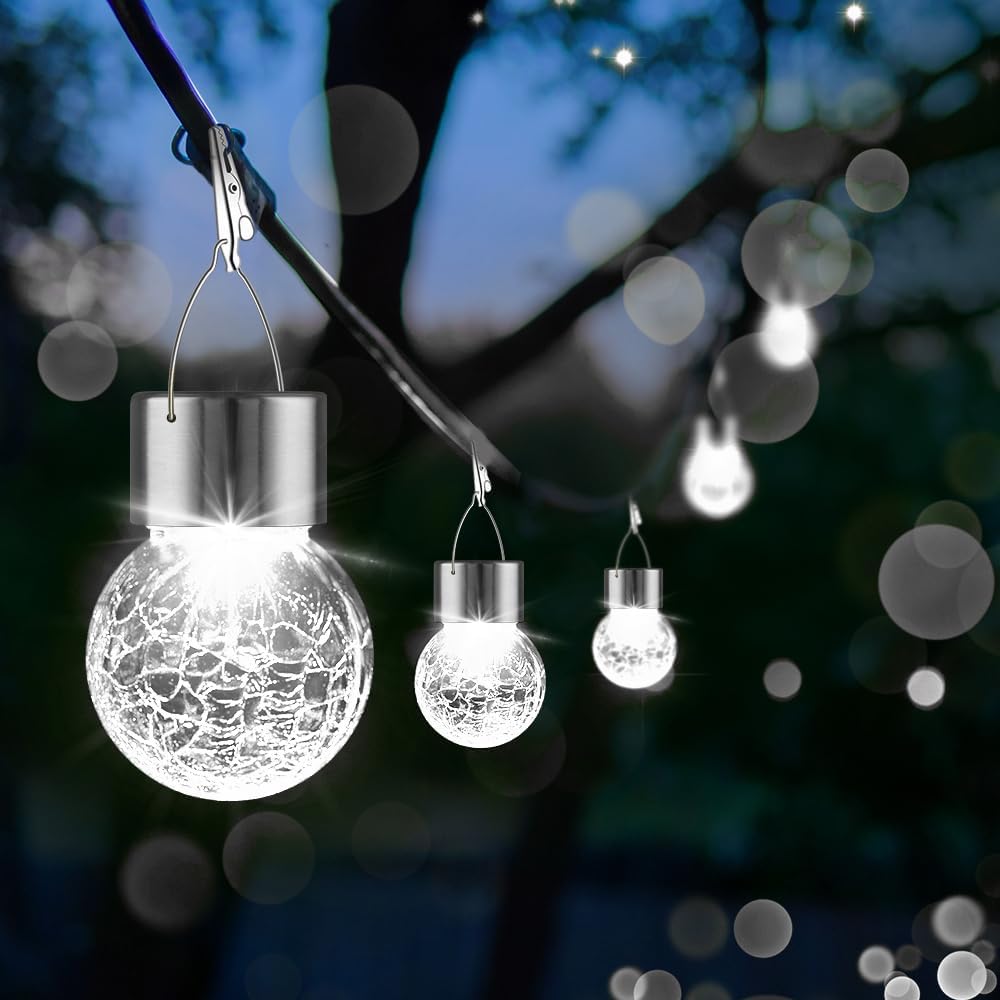 PARTPHONER 32 Pack Hanging Solar Lights Outdoor, Waterproof Solar Globe Lantern with Handle and Clip, Decorative Cracked Glass Ball Lights for Christmas Decor, Tree, Yard, Garden, Patio (Cold White)