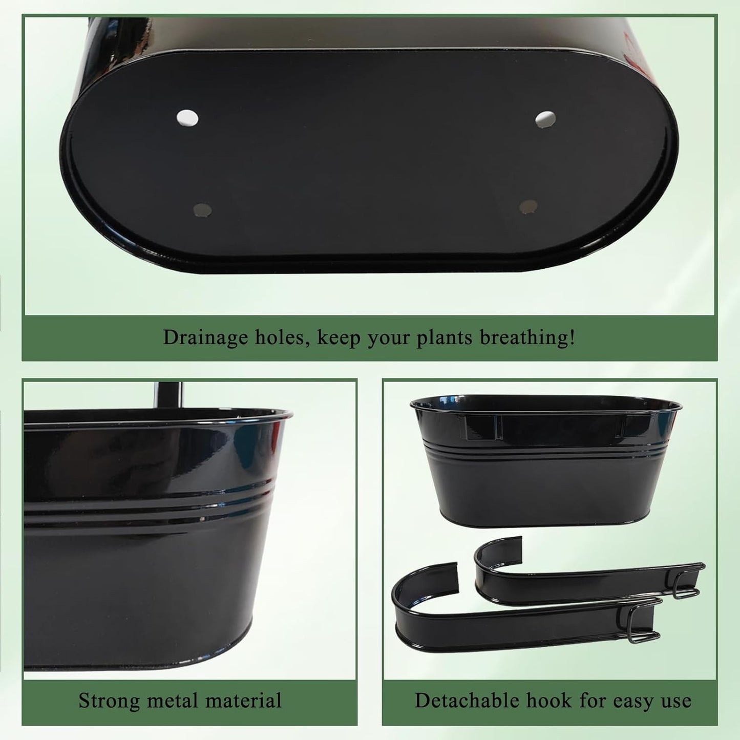 6 Pack Metal Hanging Planter for Outdoor Plants, 10 Inch Black Fence Planters Railing Pots for Garden Patio Balcony Decor, Flower Bucket with Detachable Hooks (Black, 6Pcs)