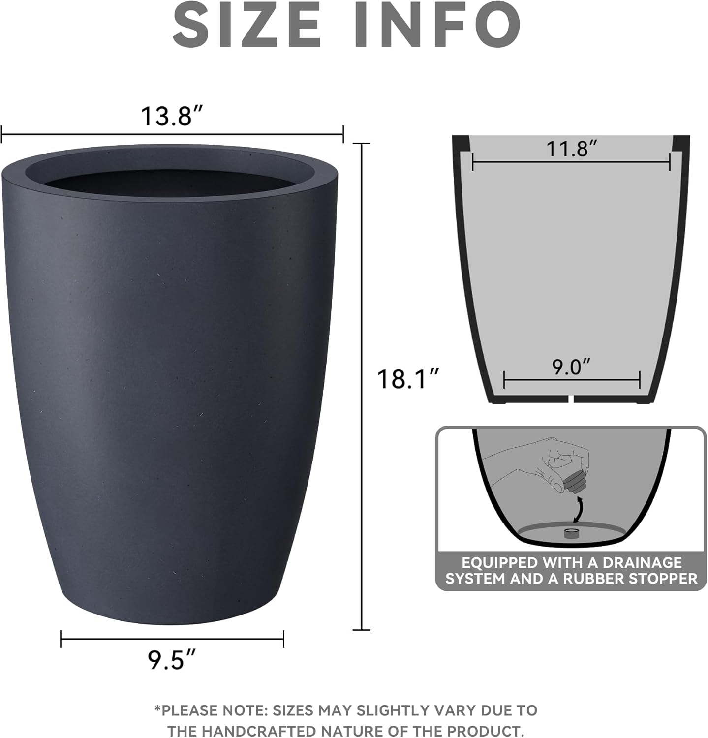 Kante 18.1" H Tall Round Concrete Planter for Outdoor Indoor, Modern Decorative Plant Pots with Drainage Hole & Rubber Plug for Home, Patio, Garden, Charcoal