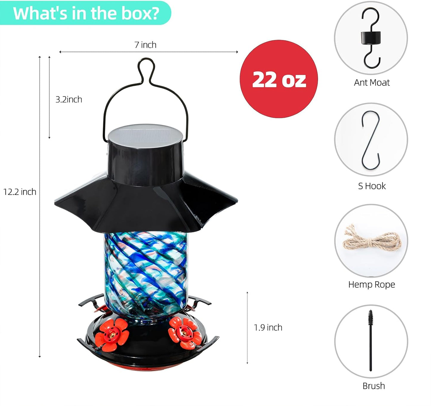 Muse Garden Gifts for Women Solar Hummingbird Feeders for Outdoors Hanging Ant and Bee Proof, Hand Blown Glass Lantern Garden Decor, Moms Birthday Unique, 28oz, Blue Mermaid