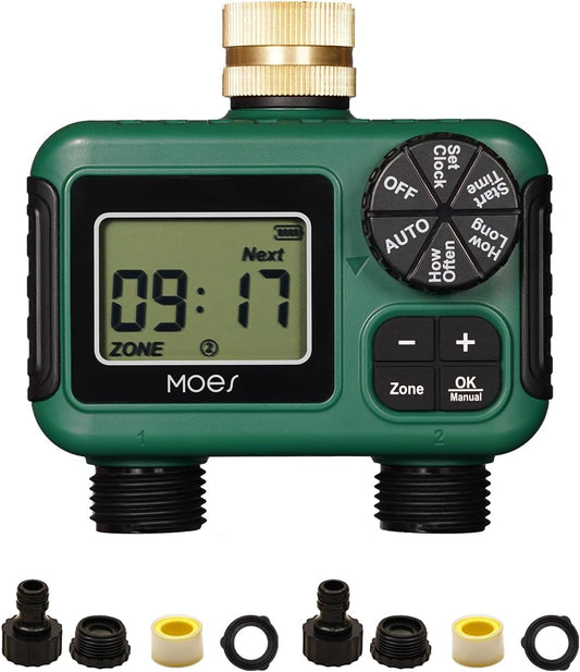MOES 2 Outlet Sprinkler Timer, Brass Inlet, Programmable Automatic Irrigation Controller, Rain Delay, Manual Watering, 2 Zone Water Hose Timer for Gardens, Lawns, and Hose Systems
