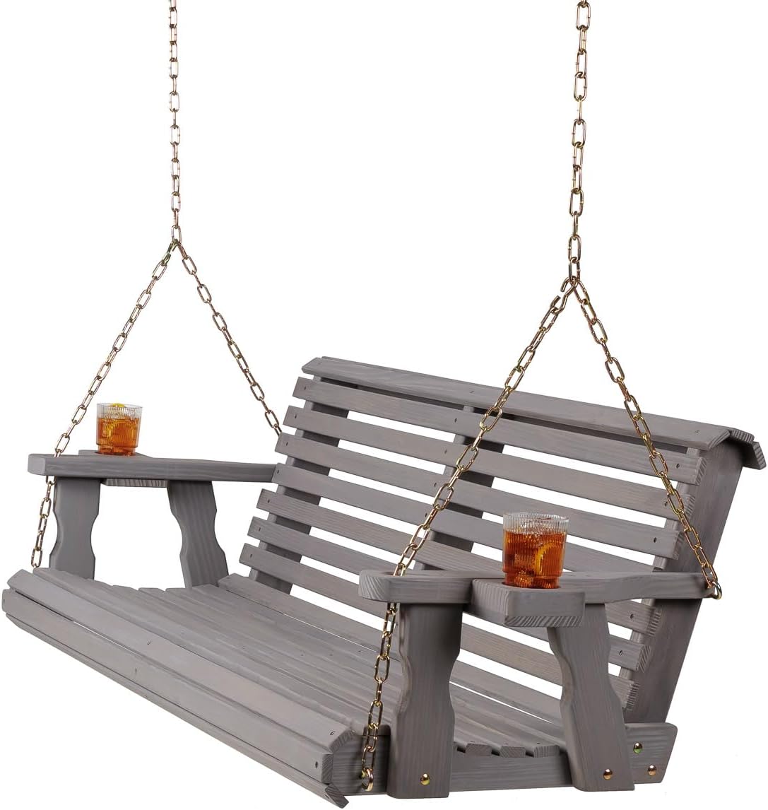 Amish Casual 4 Foot Roll Back Porch Swing with Cup Holders in Semi-Solid Grey Stain - Amish Made in The USA from Treated Pine Heavy Duty 700 Lb. Weight Capacity