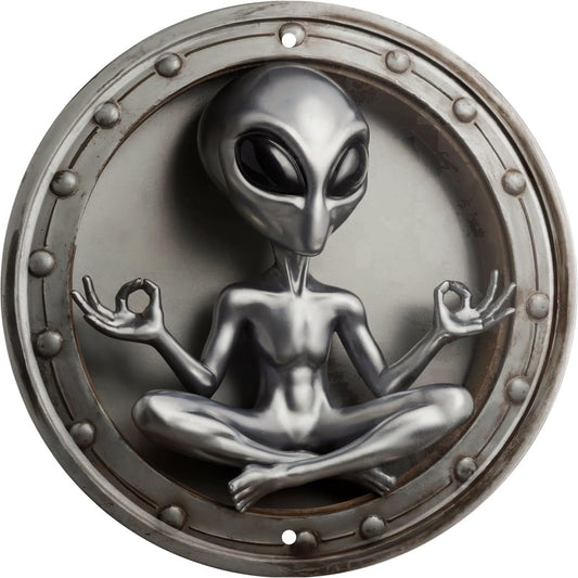 Alien Yoga Metal Wall Art Round Vintage Extraterrestrial Meditation Decorative Sign Home Decoration Unique Sci-Fi Theme Decor Room Decor 8x8 In
