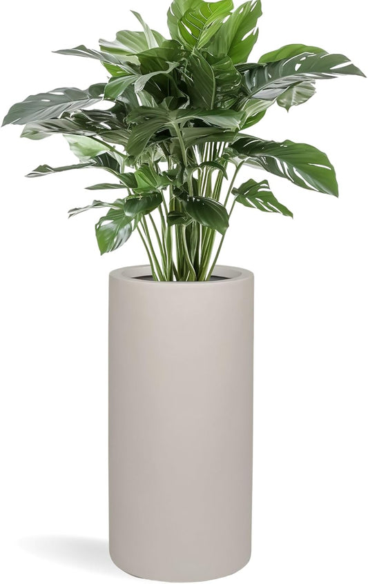 19.5"H x 9.8"D Tubo Fiberstone Cylinder Tall Planter with Drainage Hole, Smooth Finishes, Weather Resistant for Indoor and Outdoor Use, Included 2 Extra Coco Mats (Taupe, 8.2" Pot Opening)