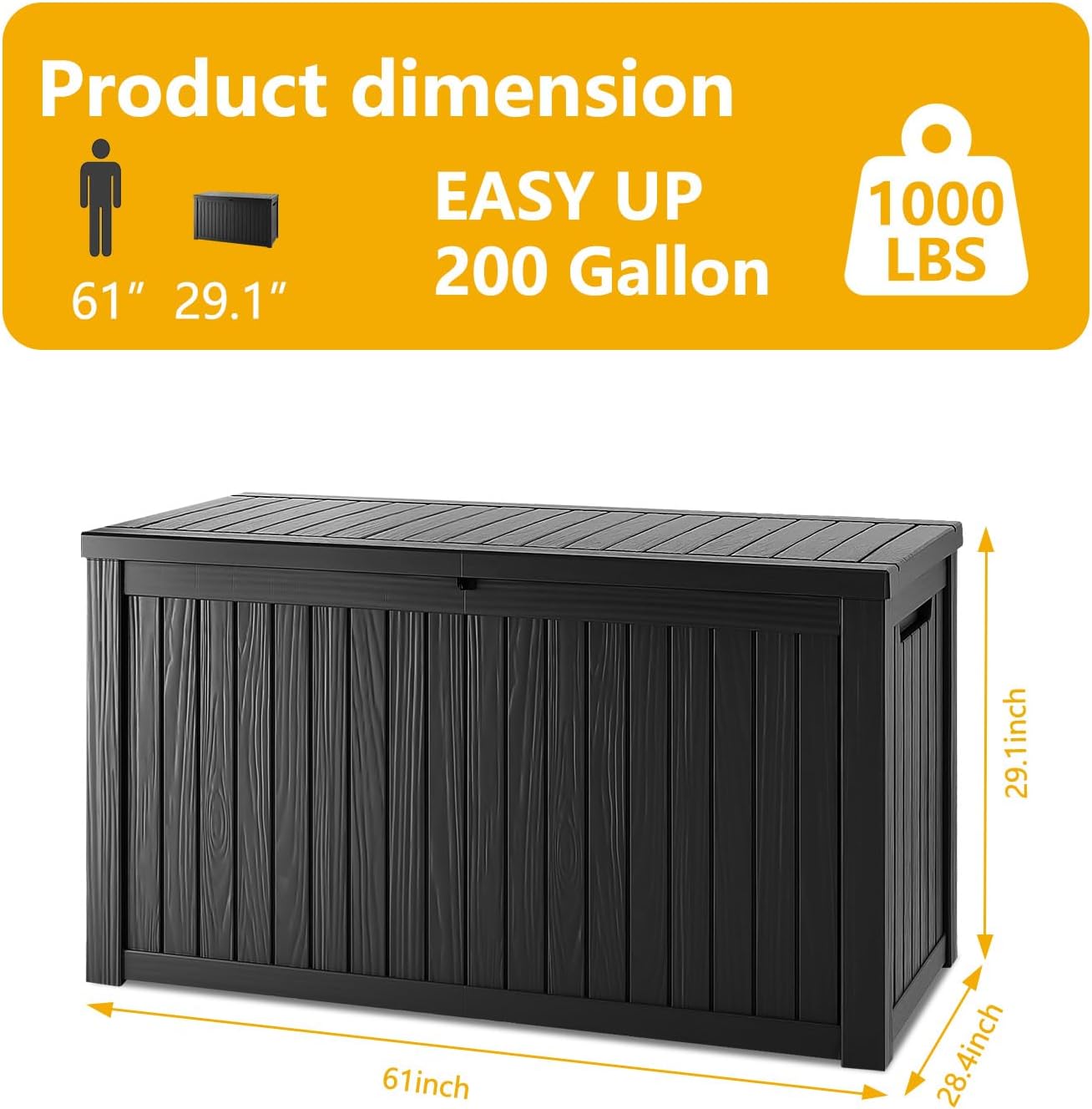 200 Gallon Deck Box, Resin Outdoor Indoor Waterproof Storage Box, Lockable Storage Box With Handle for Patio Furniture - Garden Tools - Swimming Pool Tools UV-Resistant, Black