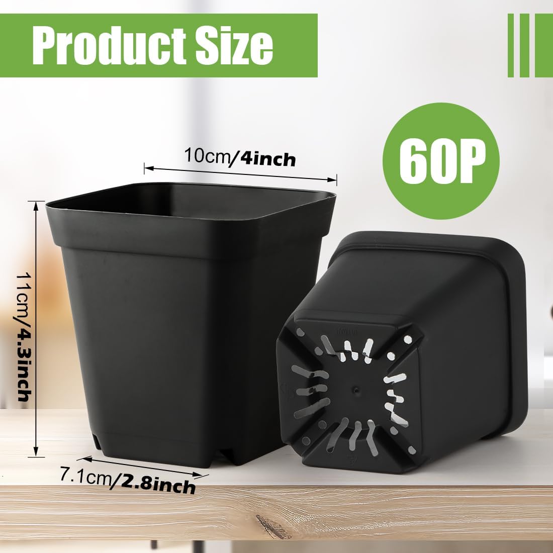 Square Nursery pots 4 Inches 60Pcs, Seedling Plastic Seeds propogation Growing Pots (Black,4Inches,60Pcs)