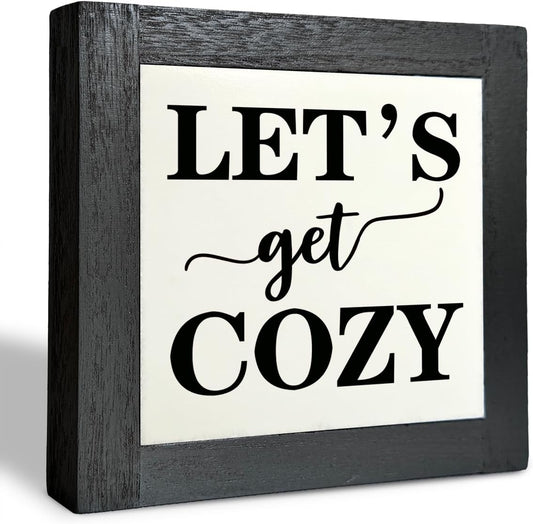 Inspirational Wood Signs, Box Wood Plaques Desk Décor, Farmhouse Home Decor Sign for Shelf, Family Table Decor for Kitchen Bedroom Dining Room, Living Room Decor, Housewarming Gift, Let's Get Cozy C