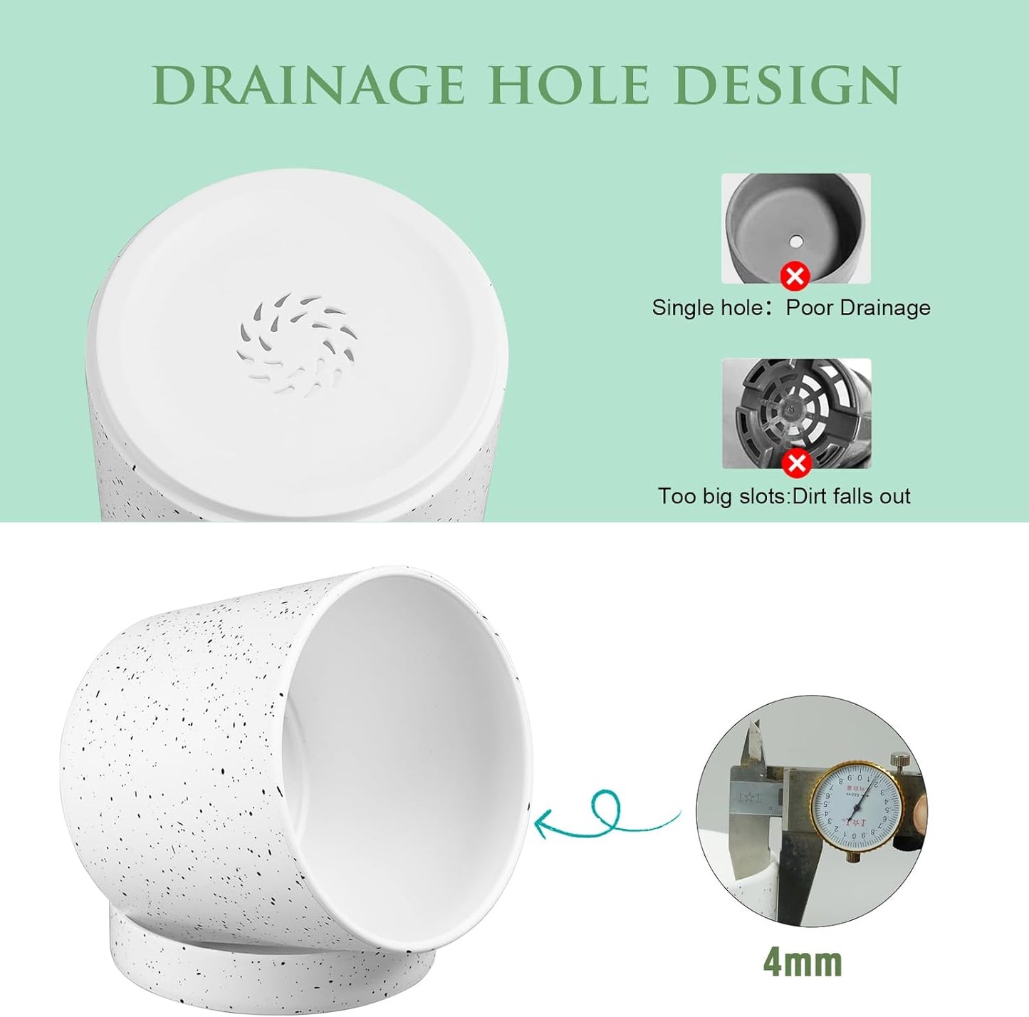 7/6.5/6/5/4 inch Plant Pots, 5 Pack Cylinder Flower Pots for Small Indoor Outdoor Plants, Plastic Planters with Drainage Holes and Saucers for Garden Succulent House Plants, Speckled White